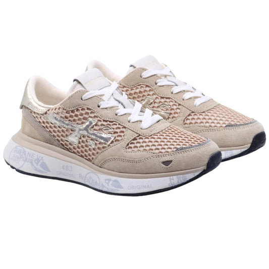 Premiata Lauryn 7486 sneaker donna in tessuto retato rosa con dettagli in camoscio e platino 