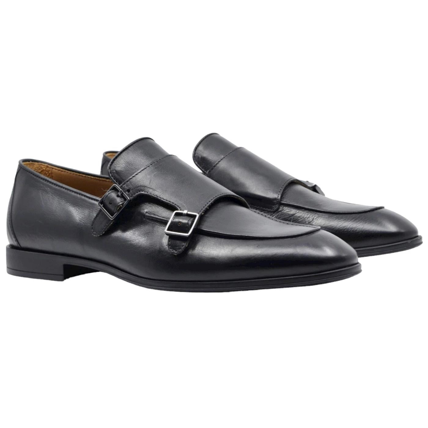 Mocassino uomo doppia fibbia Corvari in pelle nera 