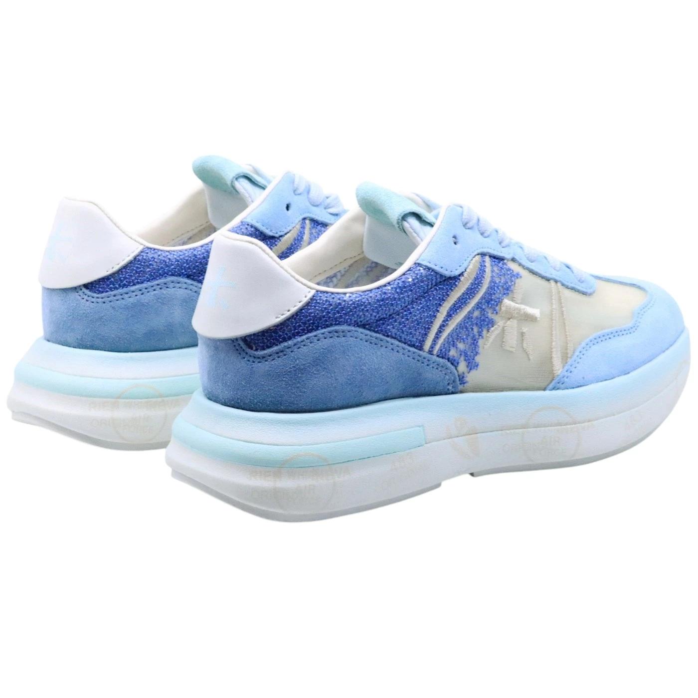 Premiata Cassie 7471 sneaker donna in tessuto trasparente beige e dettagli in camoscio azzurro 