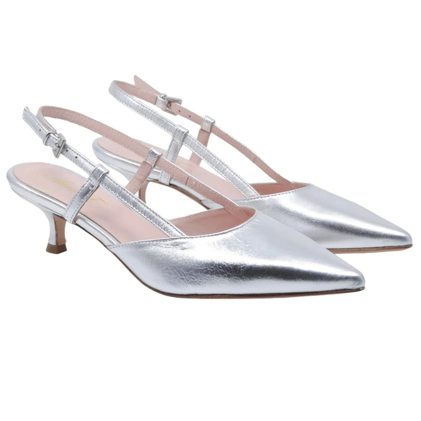 Slingback donna Anna F 1410 in pelle lamianta di colore argento 