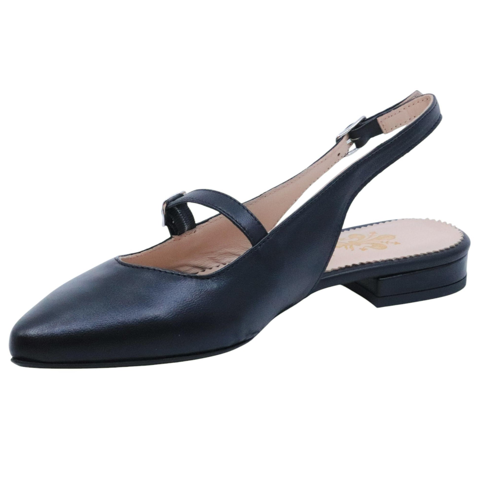 Jaffè 601 T slingback donna in pelle nera con cinturino e suola in cuoio 