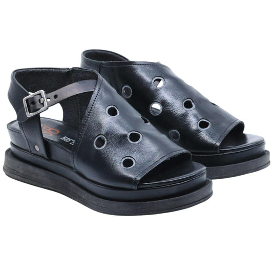 AS98 A15043 Nero Smoke sandalo donna in pelle nera con zeppa casual artigianale 