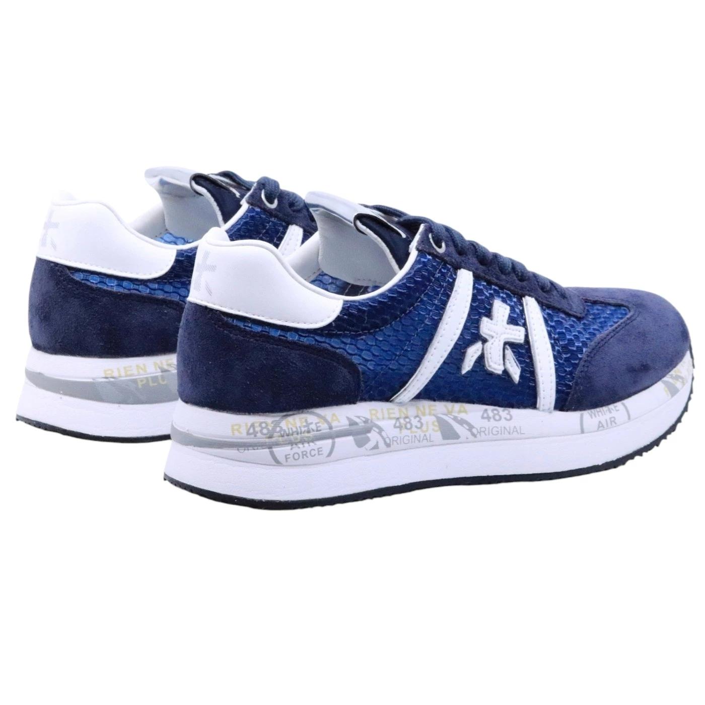 Premiata Conny 7368 sneaker donna in tessuto retato blu e camoscio 