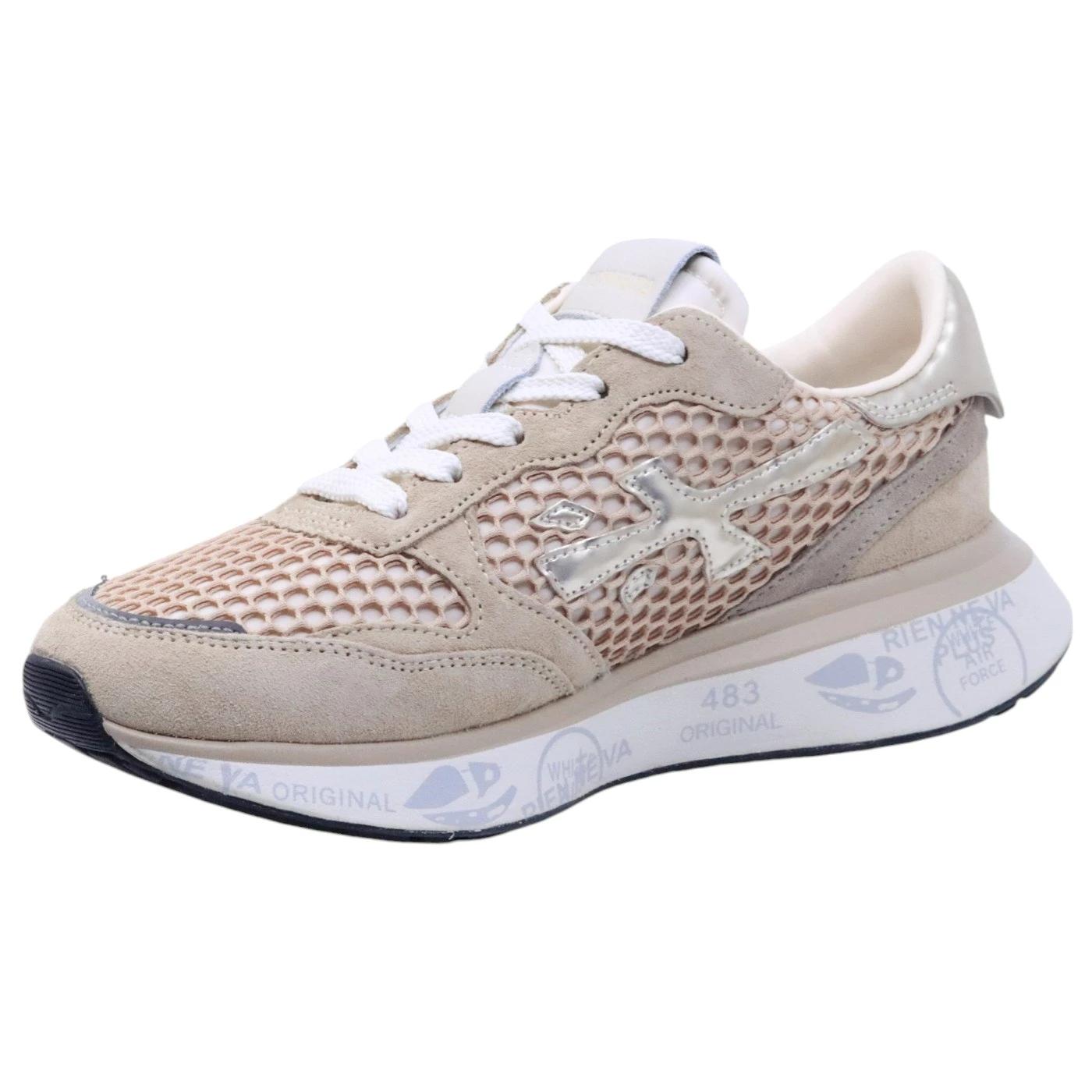 Premiata Lauryn 7486 sneaker donna in tessuto retato rosa con dettagli in camoscio e platino 