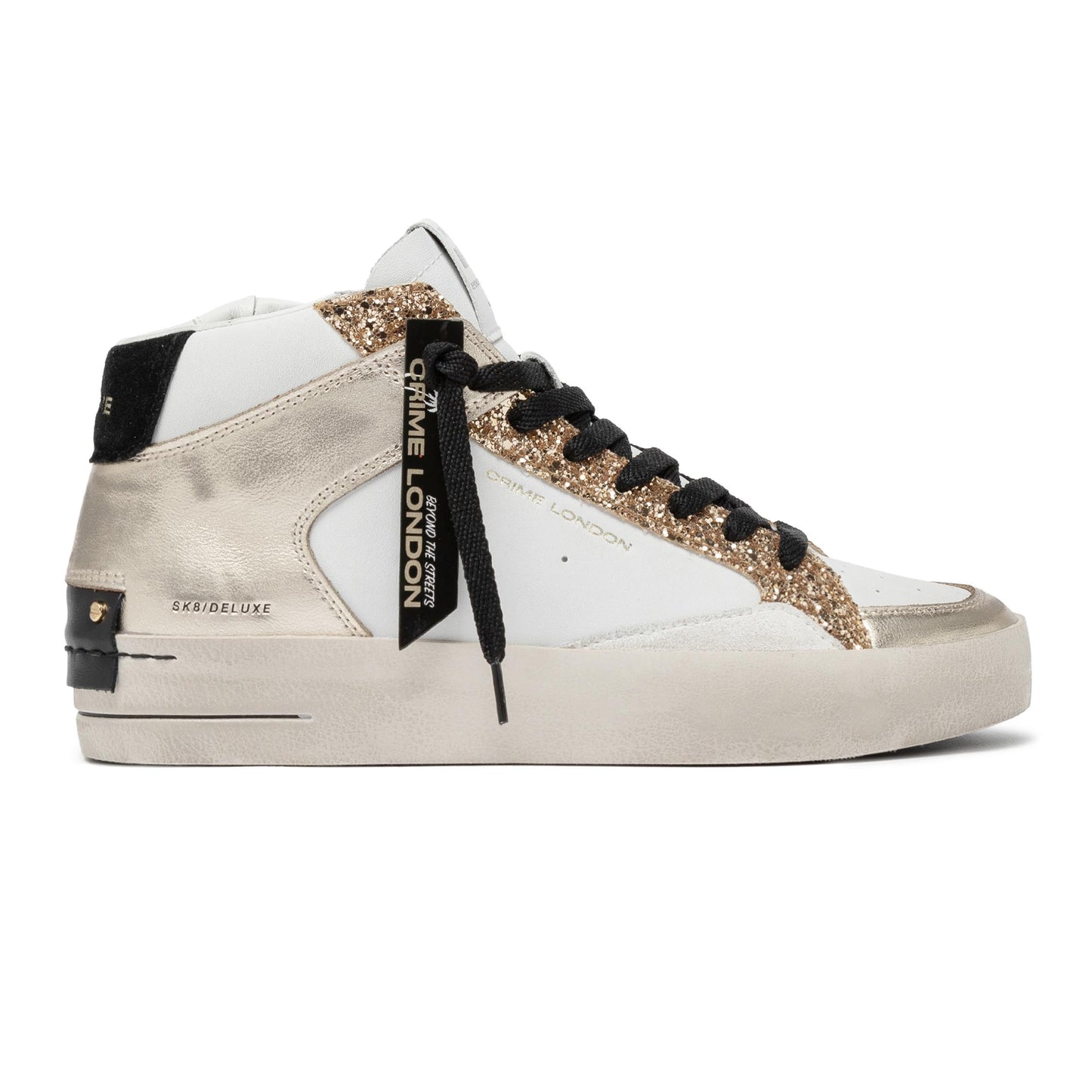 Crime London 21150 Sk8 Deluxe Mid in pelle bianca e oro 