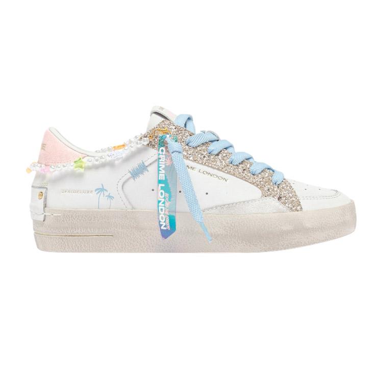 Sneaker donna Crime London Sk8 Deluxe 20103 in pelle bianca e glitter platino 