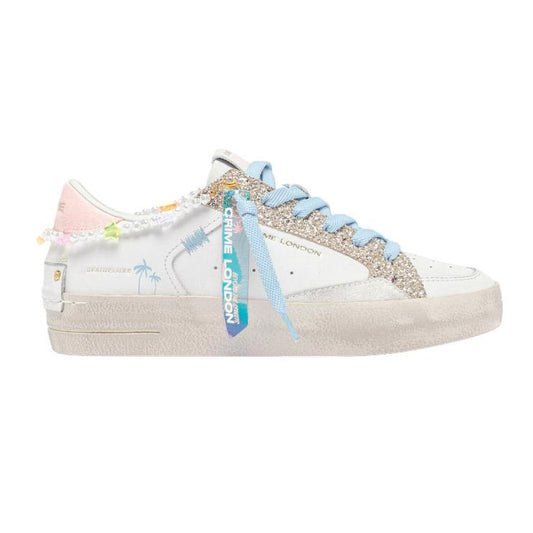 Sneaker donna Crime London Sk8 Deluxe 20103 in pelle bianca e glitter platino 