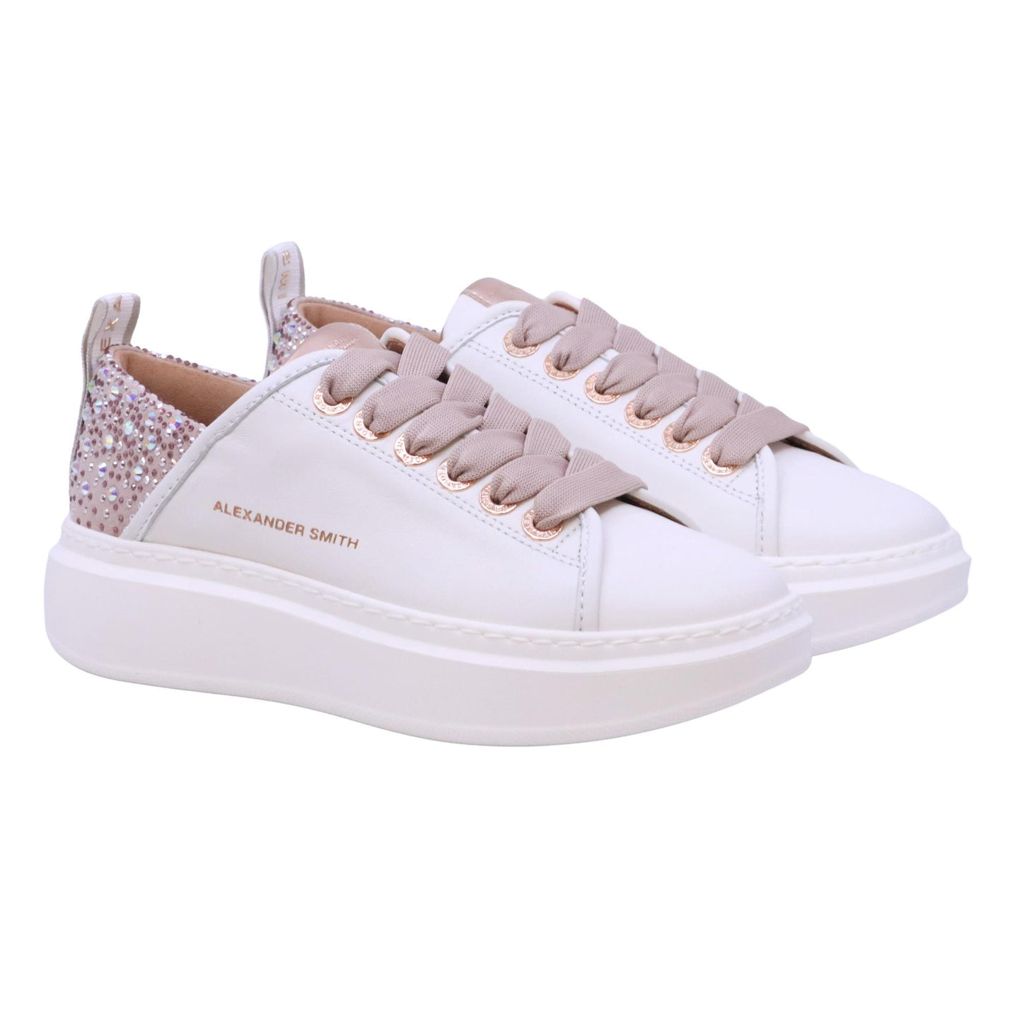 Alexander Smith Wembley 0506 sneaker donna pelle bianca tallone iridescente nude con strass 