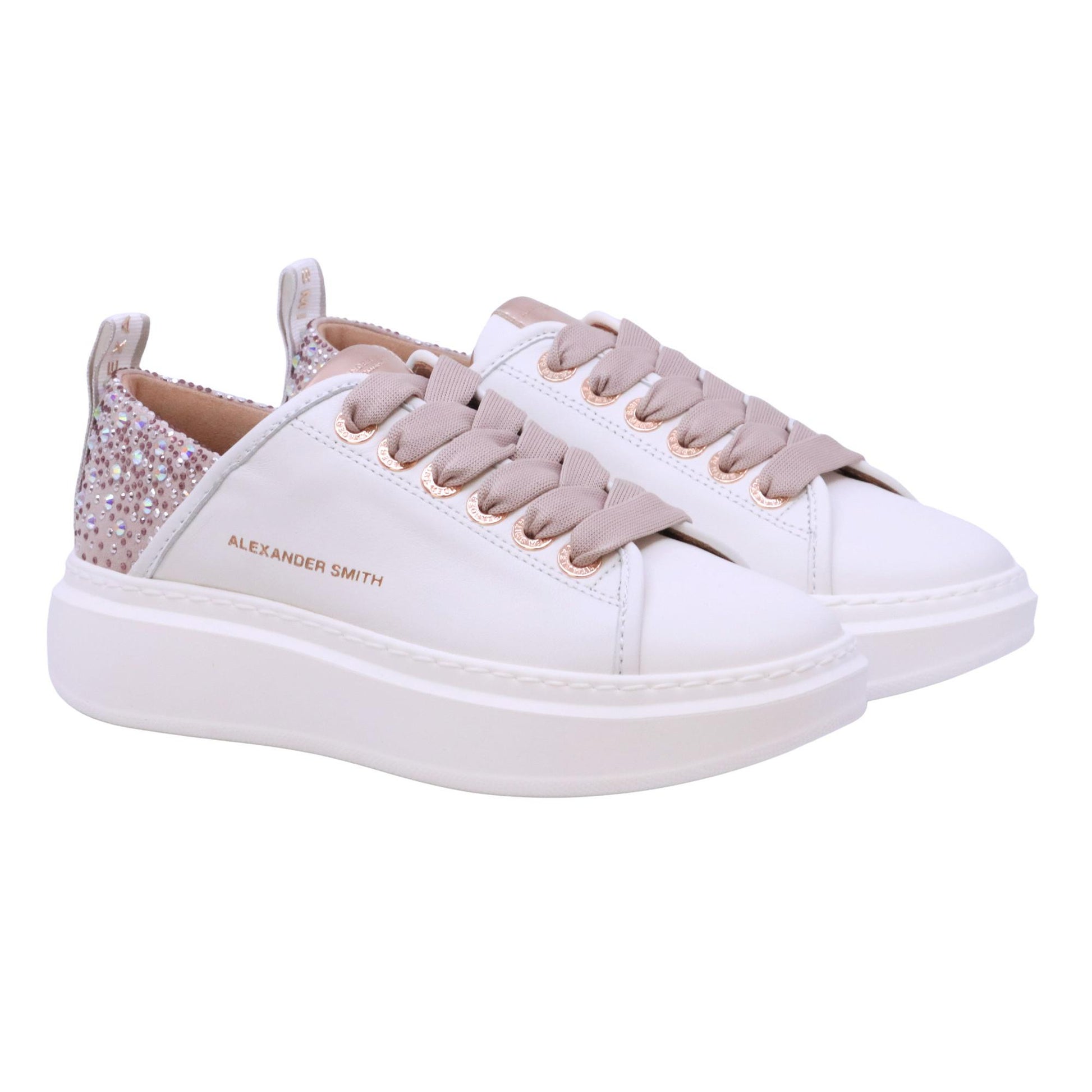 Alexander Smith Wembley 0506 sneaker donna pelle bianca tallone iridescente nude con strass 