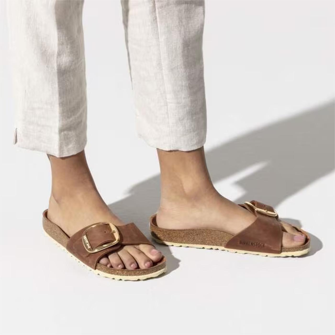 Birkenstock Madrid Big Buckle pelle oliata Cognac sandalo donna narrow fit 