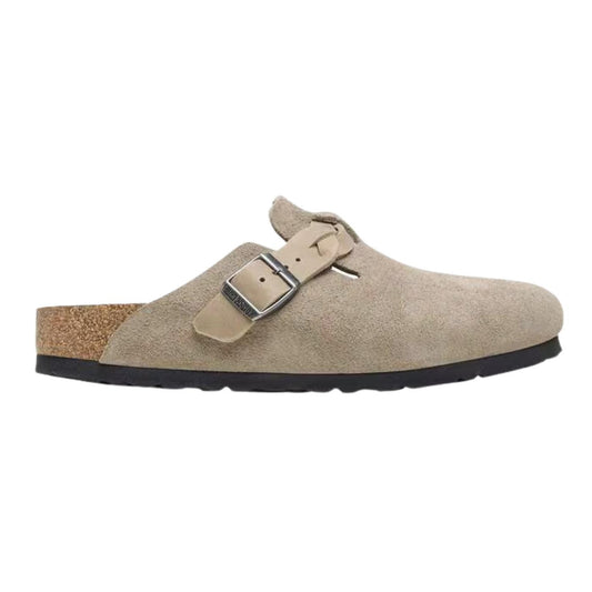 Birkenstock Boston Braided pelle scamosciata Taupe sabot co treccia narrow fit 