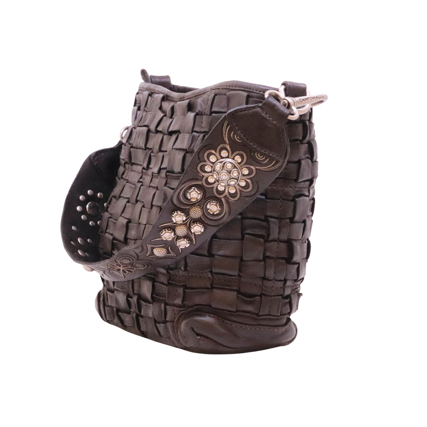 Campomaggi Edera C043760 borsa a spalla in pelle intrecciata moro con borchie 
