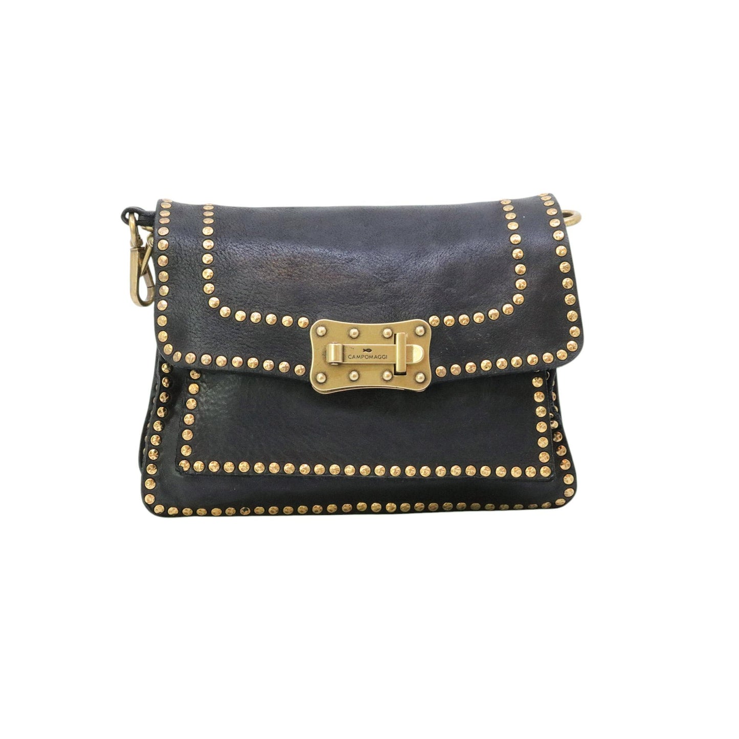 Borsa Campomaggi Agnese C016500 donna in pelle nera con borchie e tracolla regolabile 