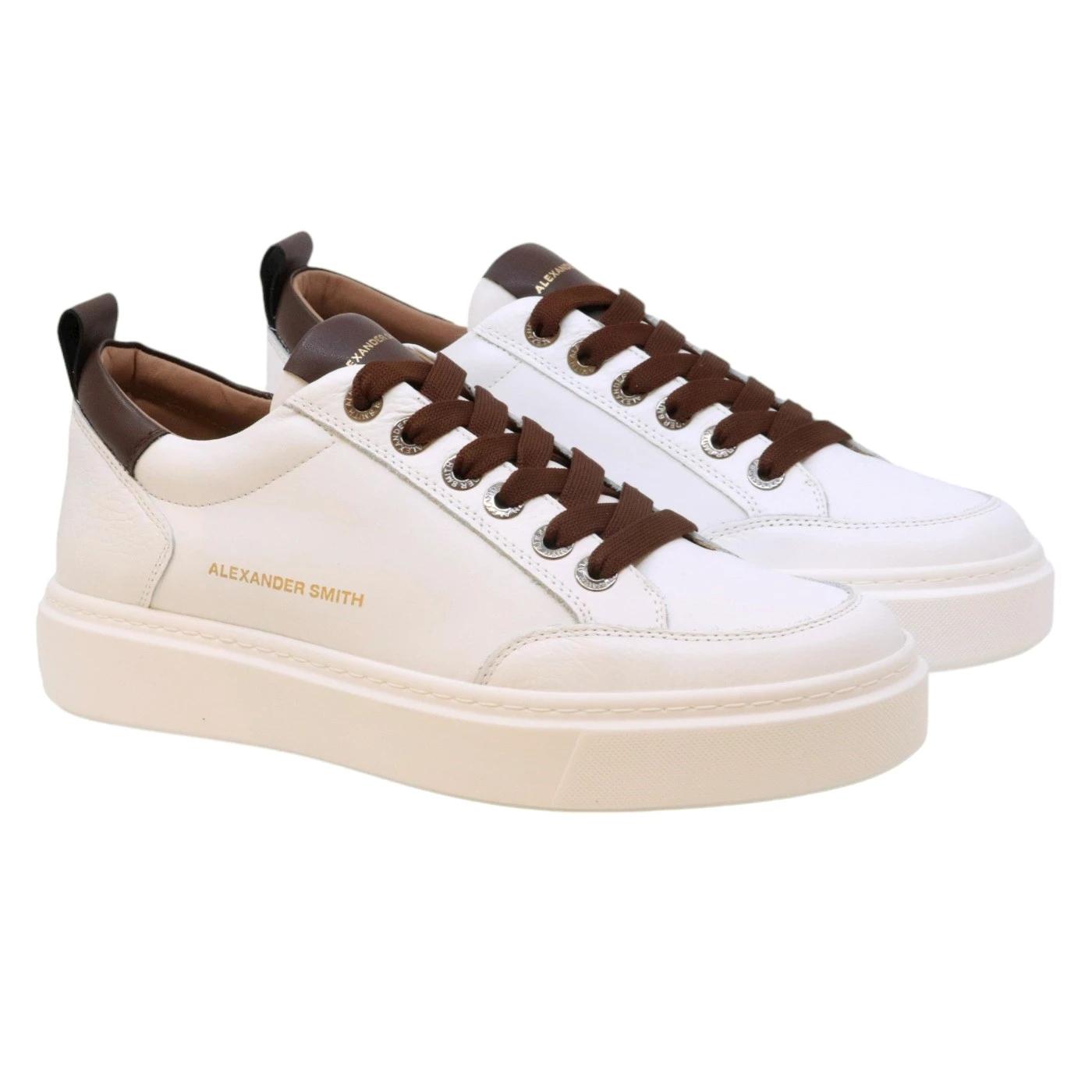 Sneaker uomo Alexander Smith Bond in pelle bianca con dettagli in marrone scuro 