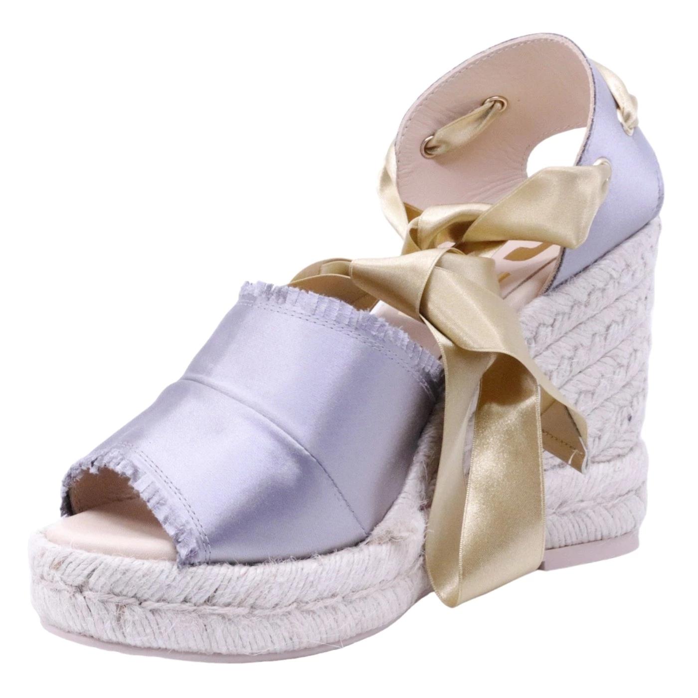 Sandalo zeppa Ras 7501 in corda e tessuto grigio perla 