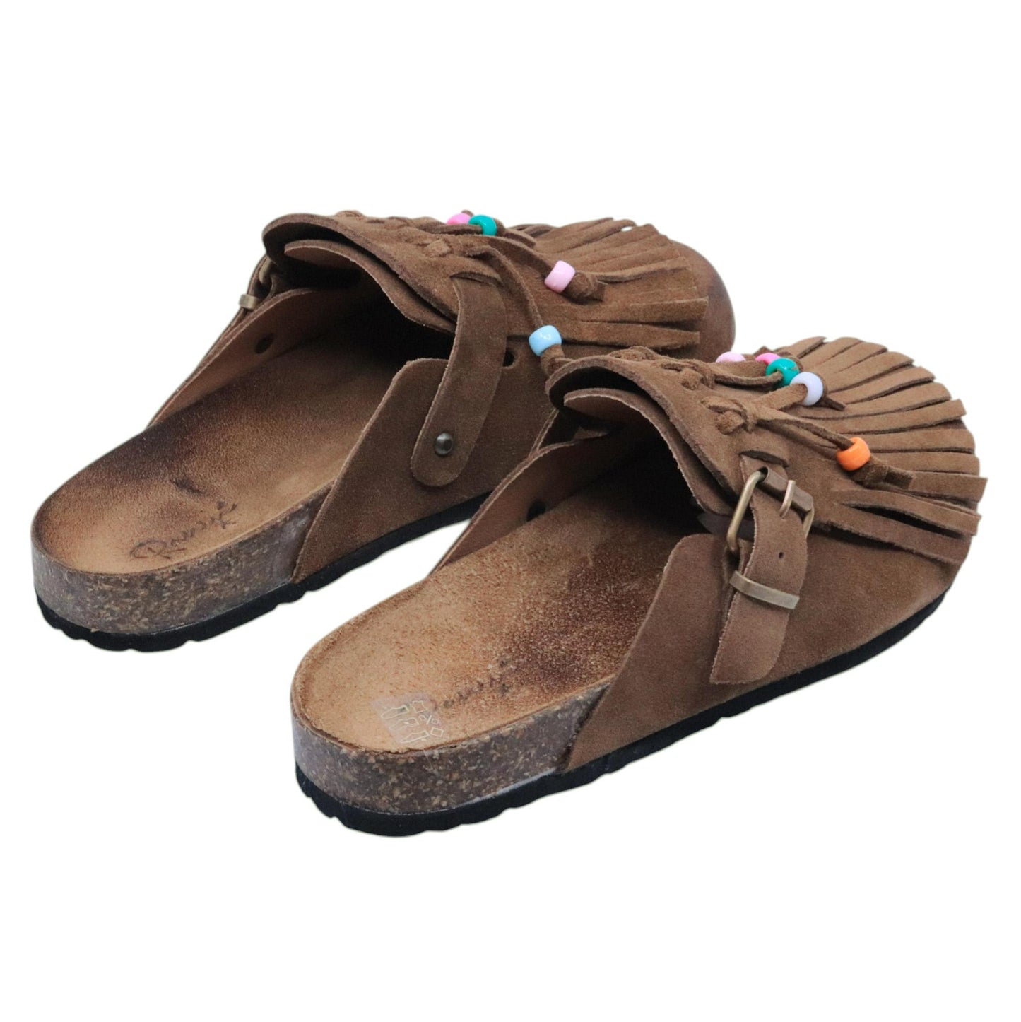 Sabot Ranye Noemi pelle scamosciata marrone con frange e perline 