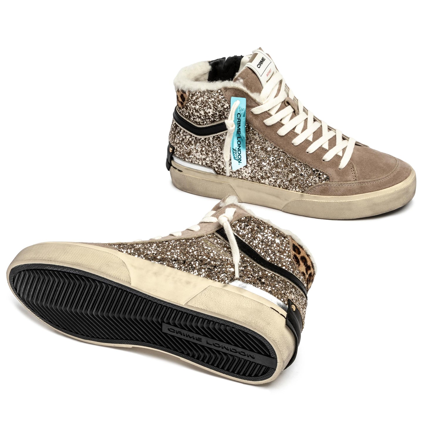 Crime London 25177 SK8 Recut High sneaker alta in suede e glitter beige 