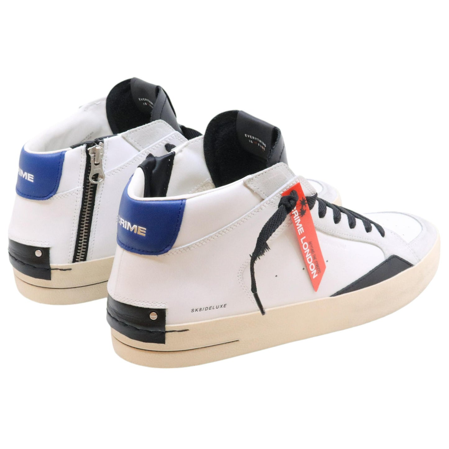 Crime London Sk8 Deluxe Mid 15151 in pelle bianca con talloncino blu e lingetta nera 