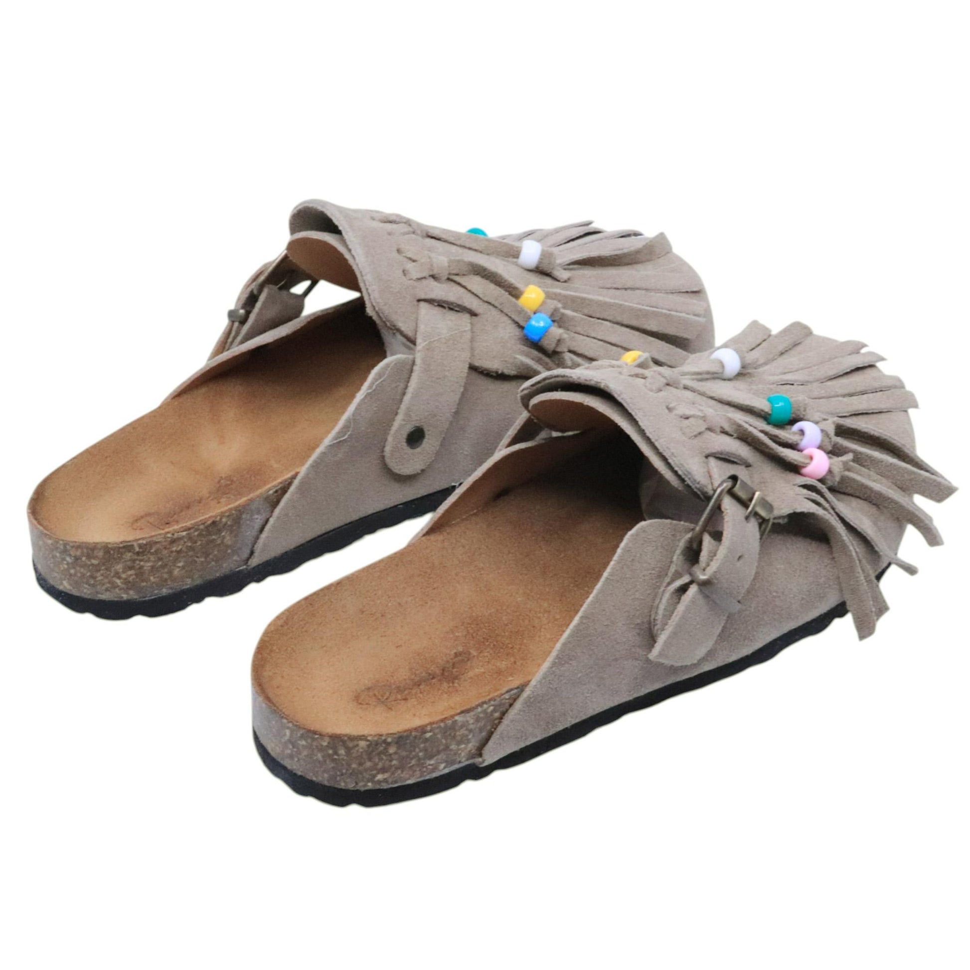 Sabot Ranye Noemi pelle scamosciata taupe con frange e perline 