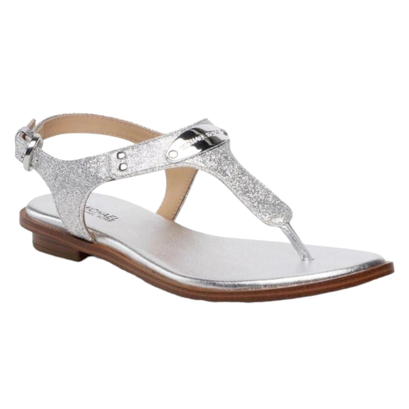 Michael Kors Plate Thong sandalo da donna in pelle e tessuto di colore argento 