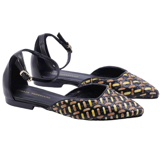 Slingback donna Poesie Veneziane JMUR28 intrecciato in rafia e pelle nera 