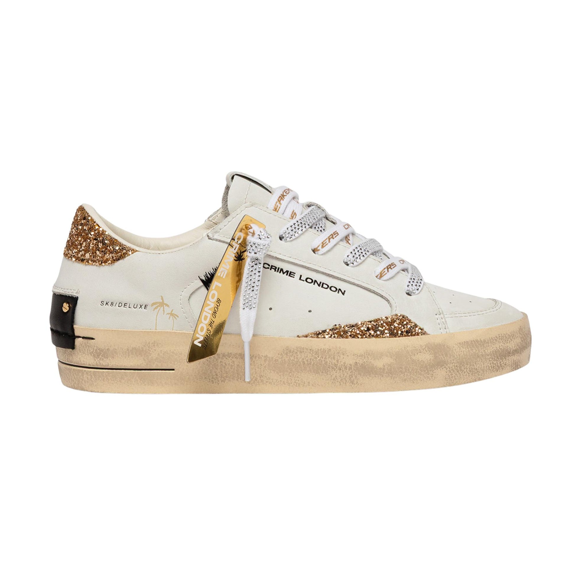 Crime London SK8 Deluxe Tequila Night 29102 sneaker donna in pelle bianca con glitter oro 