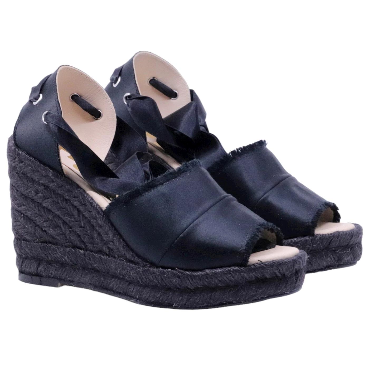 Sandalo zeppa Ras 7501 in corda e tessuto nero 