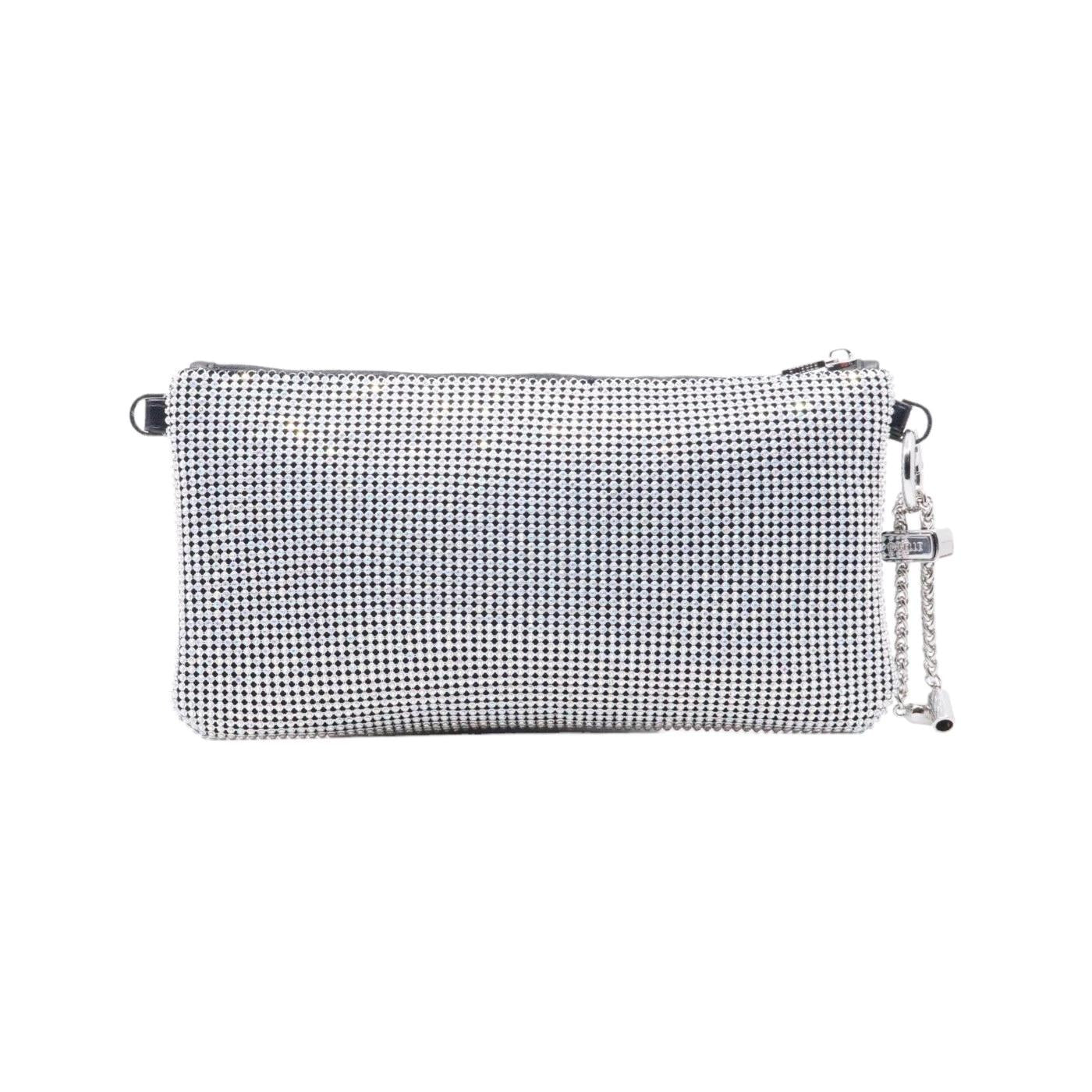 Pochette Rebelle Brighty rivestita con maglia di strass di colore iridescente 