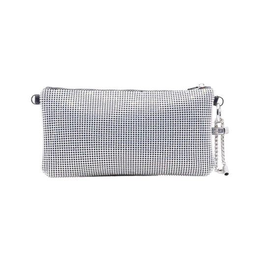 Pochette Rebelle Brighty rivestita con maglia di strass di colore iridescente 