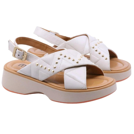Sandalo zeppa Mjus T99002 in pelle latte con brochie oro 