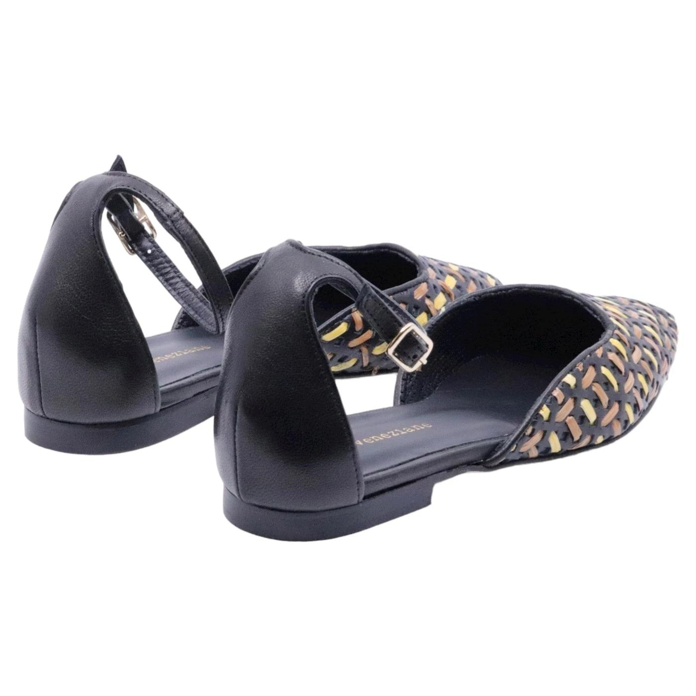 Slingback donna Poesie Veneziane JMUR28 intrecciato in rafia e pelle nera 