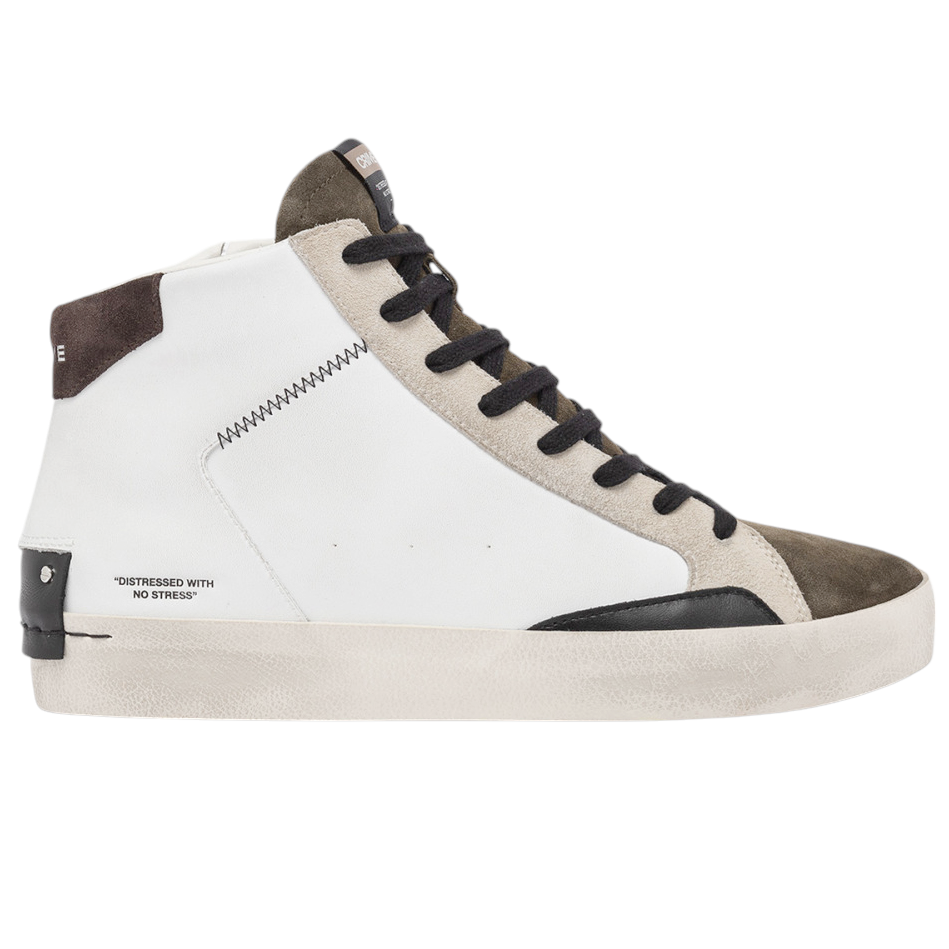 Crime London 15051 Distressed High sneaker uomo in pelle bianca e linguetta in camoscio verde 