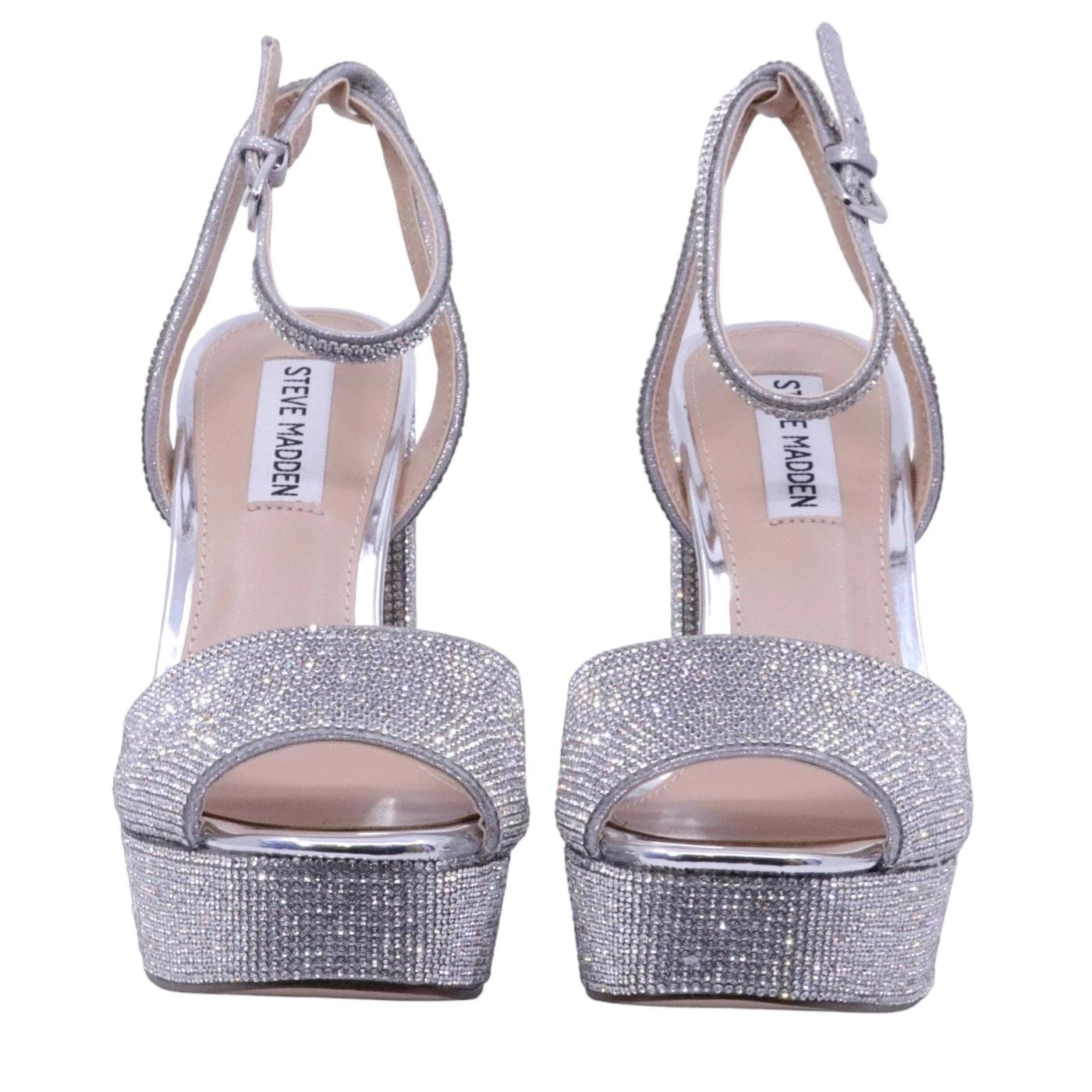 Sandalo con tacco Steve Madden Lourdes in similpelle e strass color argento 