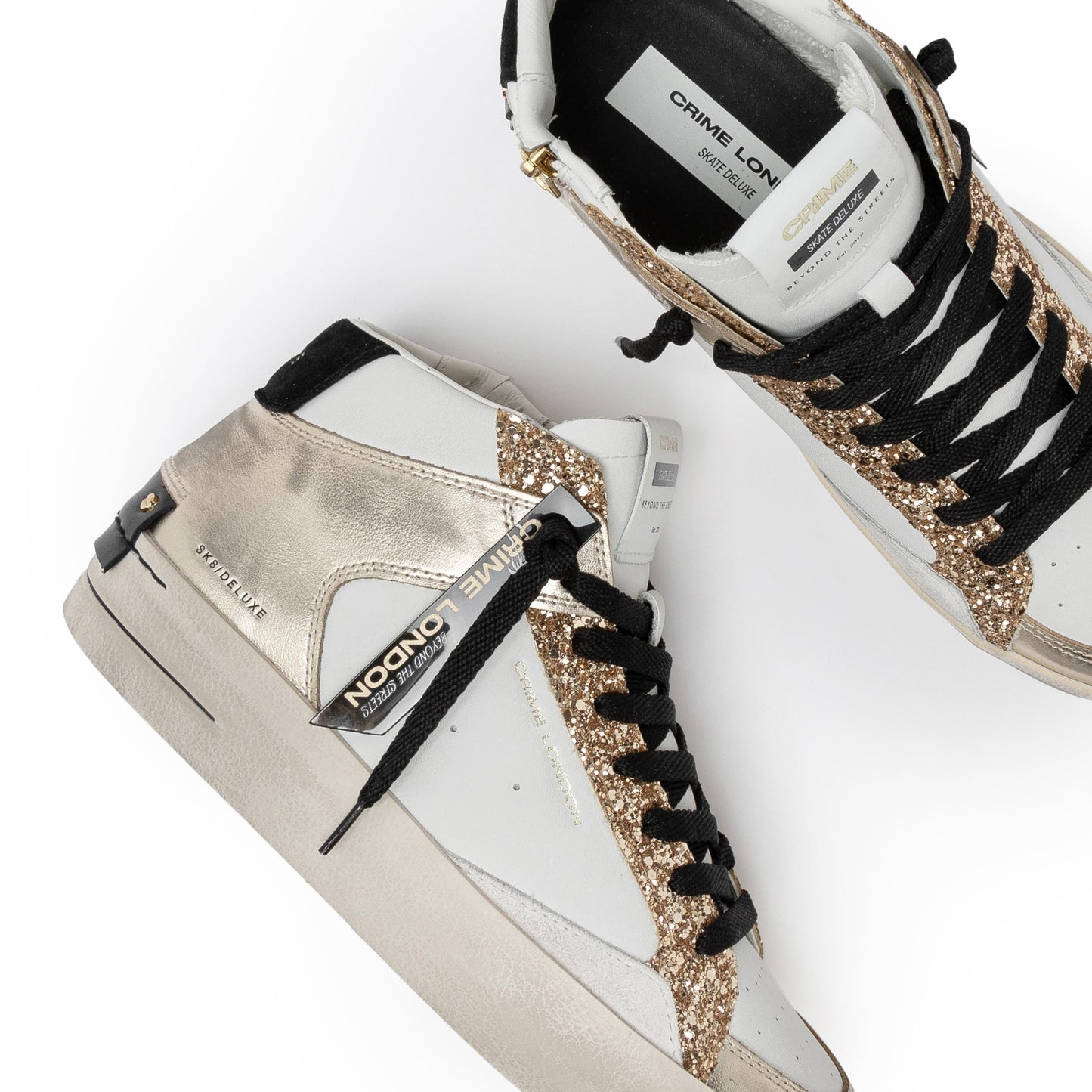 Crime London 21150 Sk8 Deluxe Mid in pelle bianca e oro 