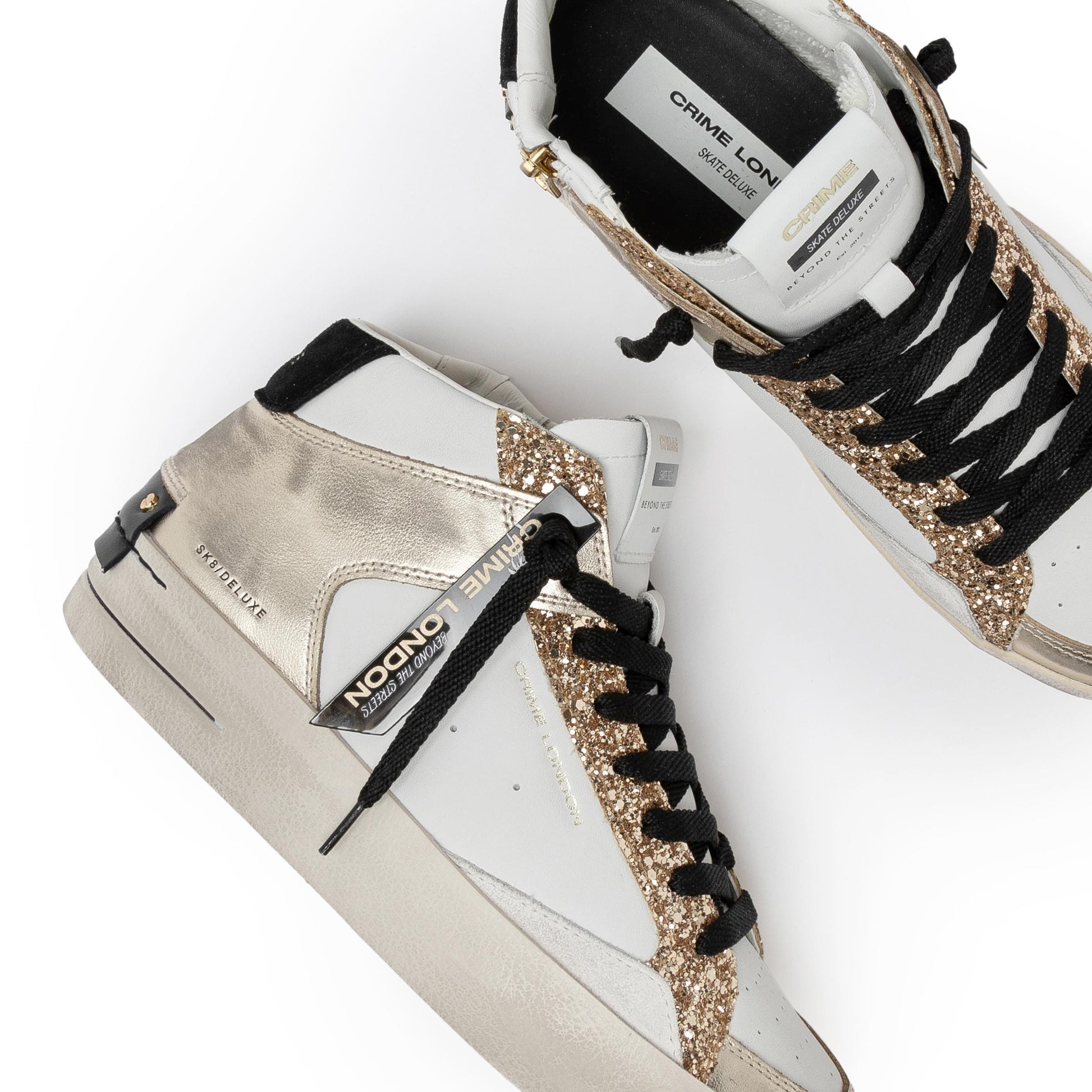Crime London 21150 Sk8 Deluxe Mid in pelle bianca e oro 