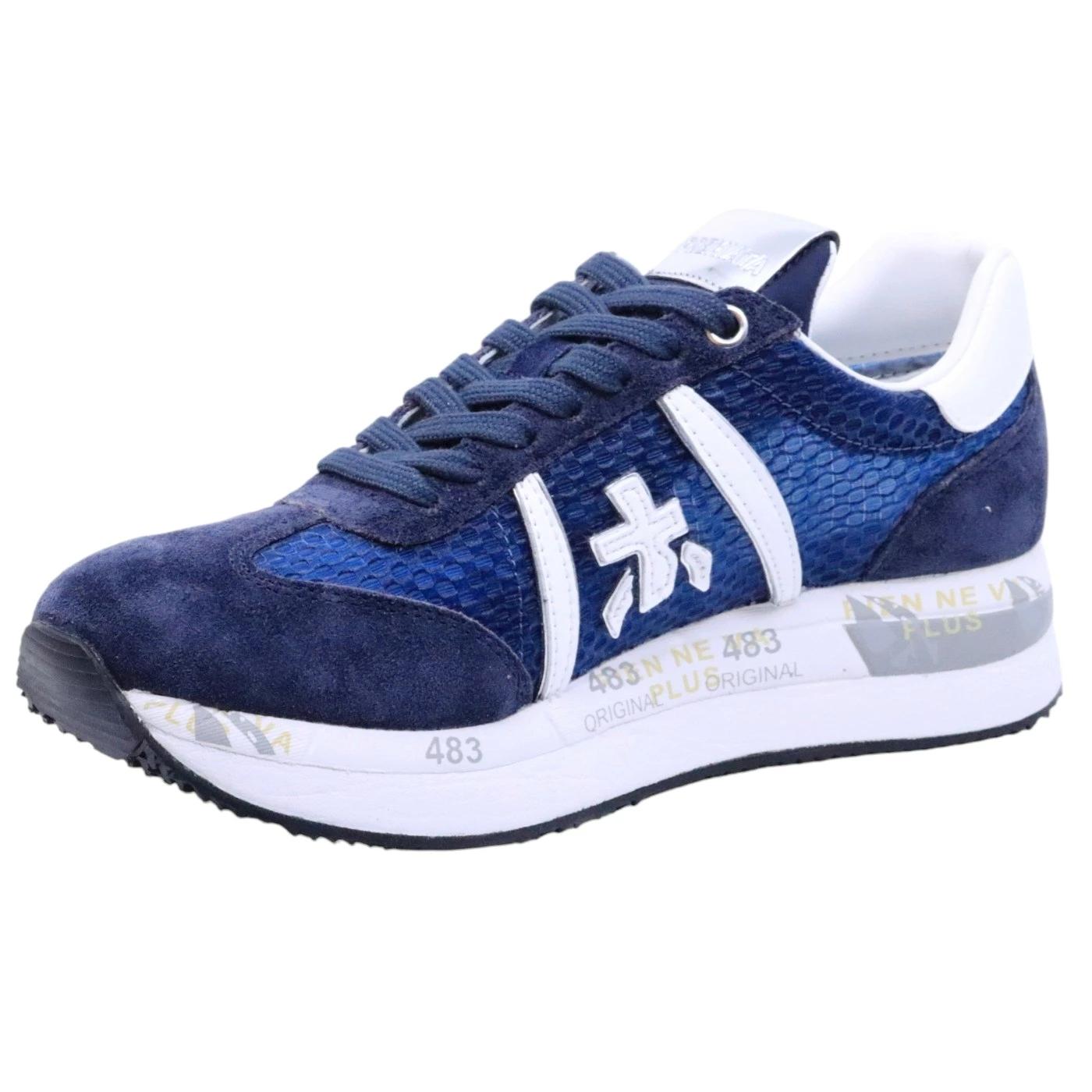 Premiata Conny 7368 sneaker donna in tessuto retato blu e camoscio 