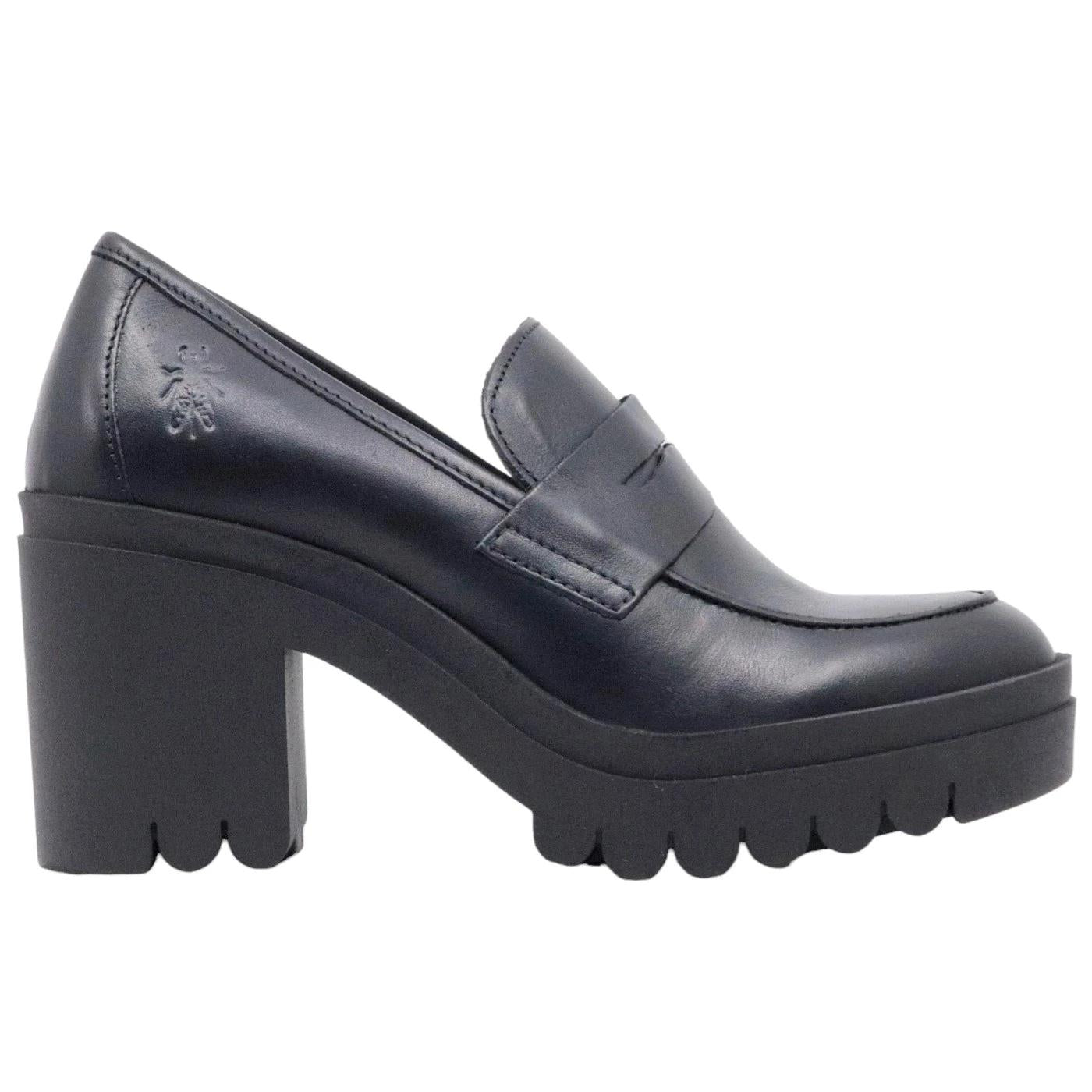 Mocassino con tacco da donna Fly London Toky in pelle nera 