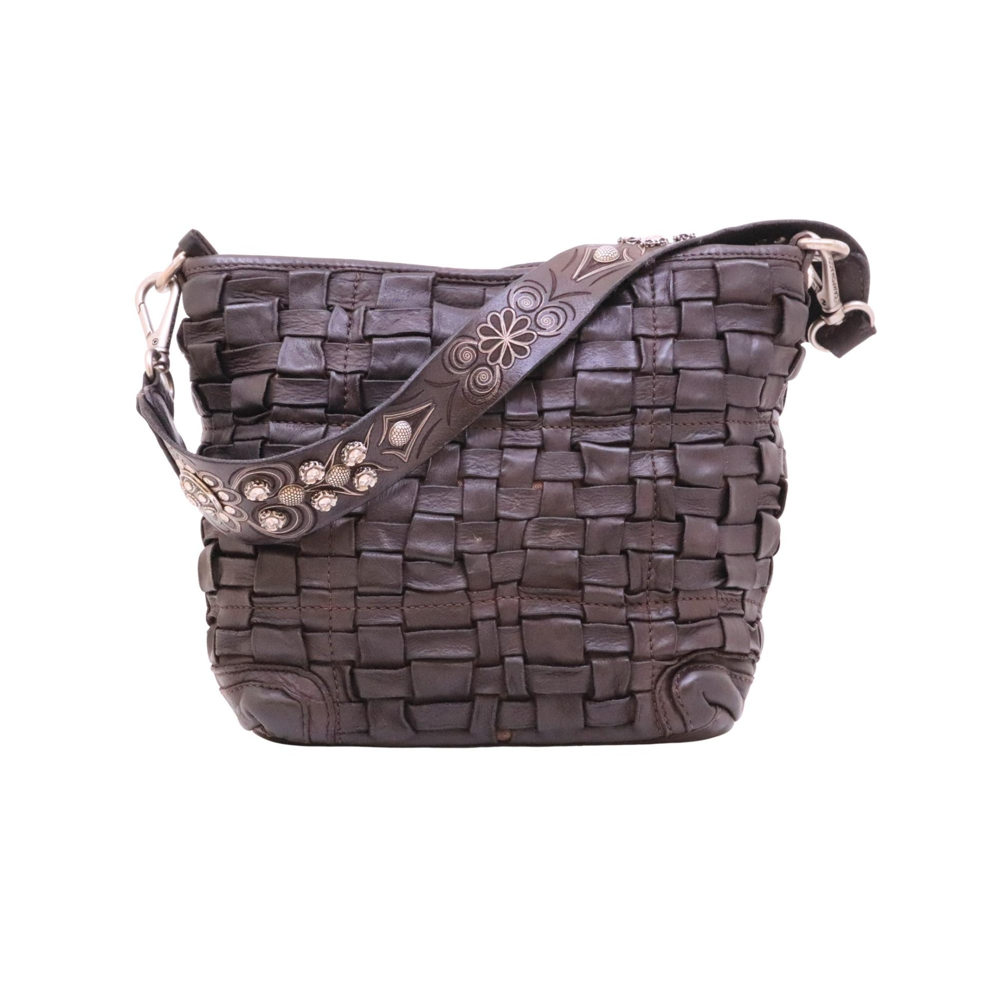 Campomaggi Edera C043760 borsa a spalla in pelle intrecciata moro con borchie 
