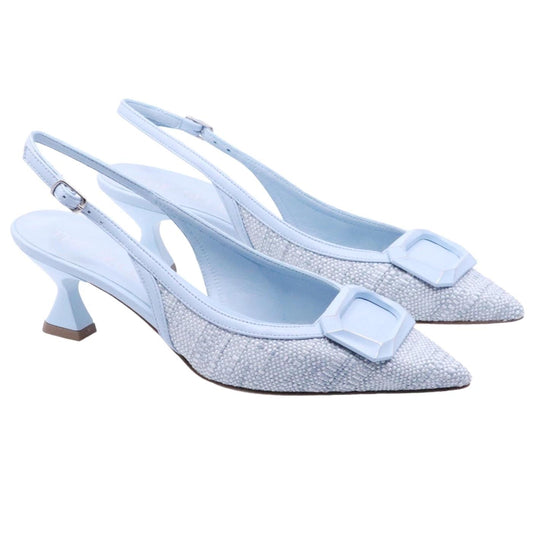 The Seller SS021 slingback donna in pelle azzurra e rafia intrecciata con tacco elegante Made in Italy 