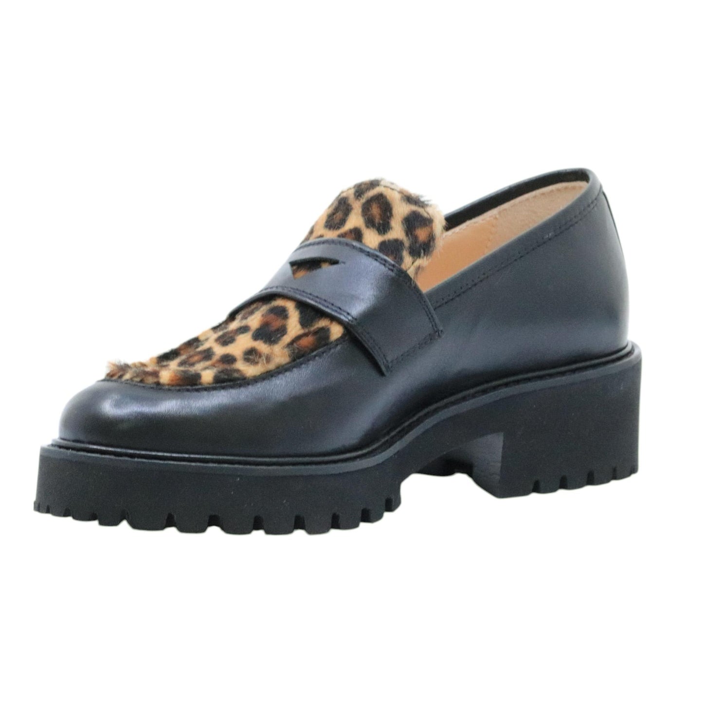 Le Briella Z800 B mocassino donna in pelle nera e cavallino maculato 