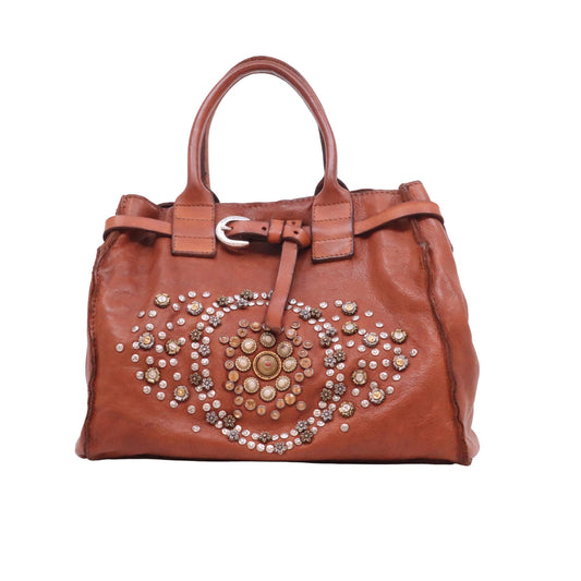 Campomaggi Bella di Notte Rossella C041010 borsa shopping donna in pelle cognac con borchie e strass Made in Italy 
