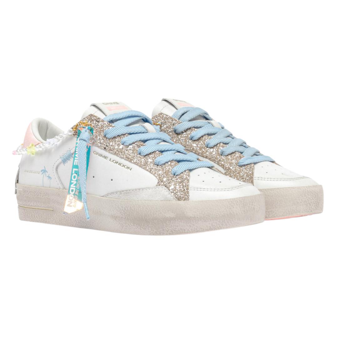 Sneaker donna Crime London Sk8 Deluxe 20103 in pelle bianca e glitter platino 