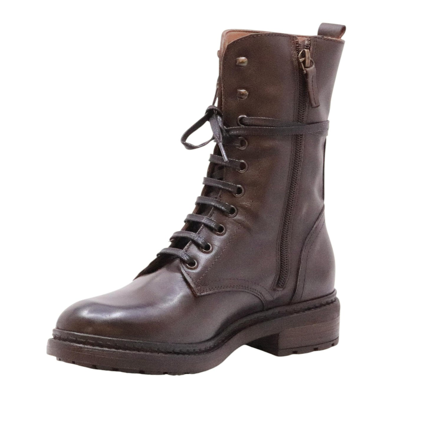 The Seller MW583 stivaletto donna in pelle marrone allacciato con zip laterale 
