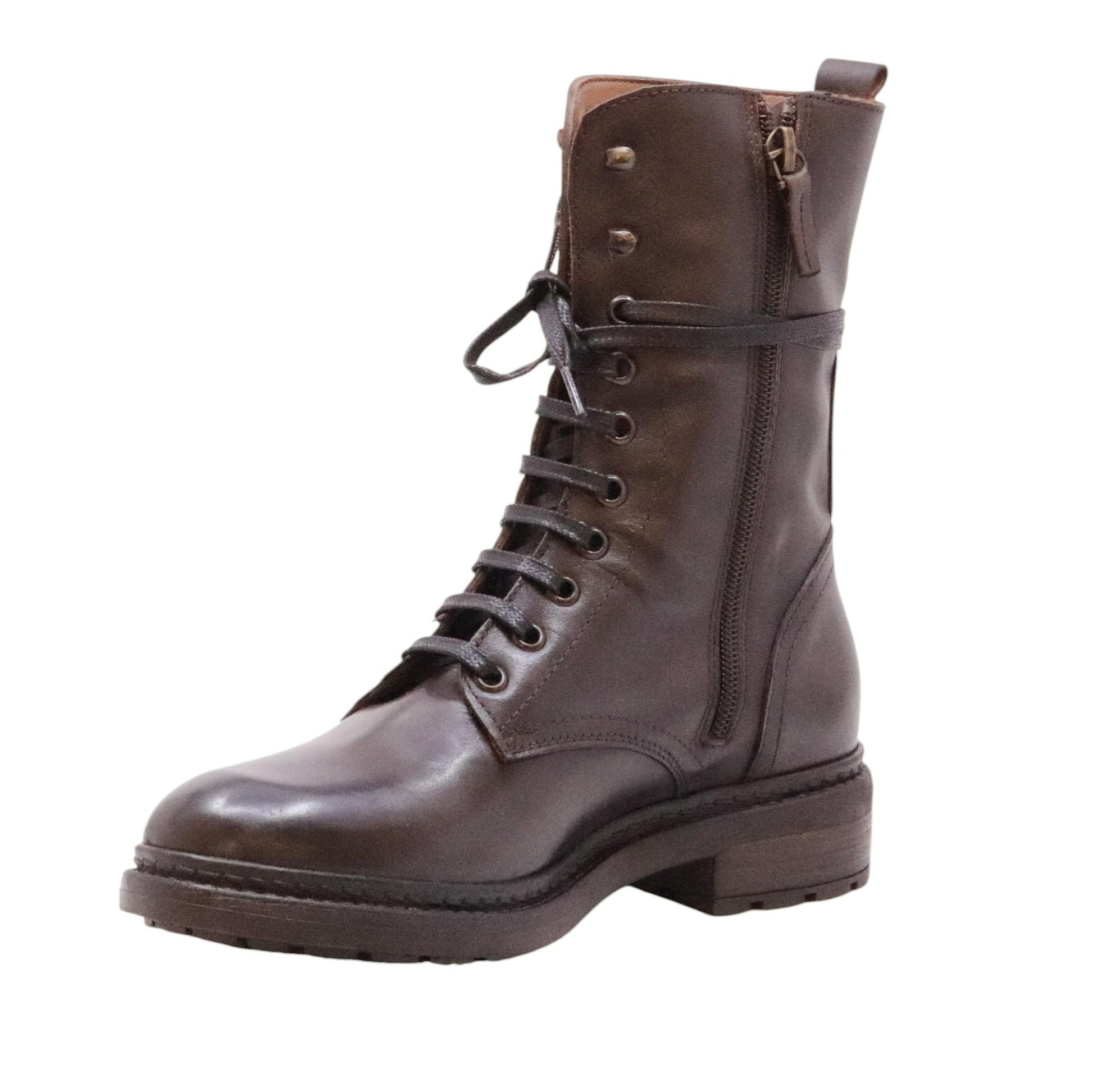 The Seller MW583 stivaletto donna in pelle marrone allacciato con zip laterale 