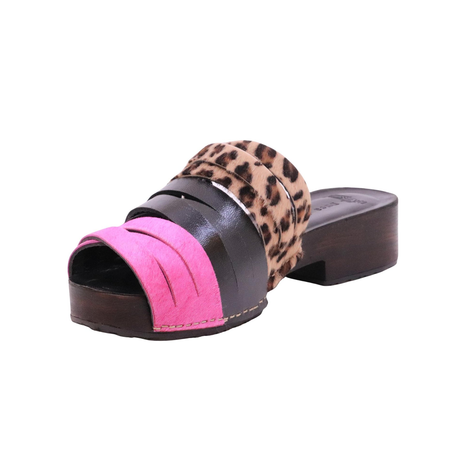Duca D'Ascalona Nanette Martini sandalo sabot donna in pelle multicolor fuxia nero e cavallino maculato con suola in gomma 