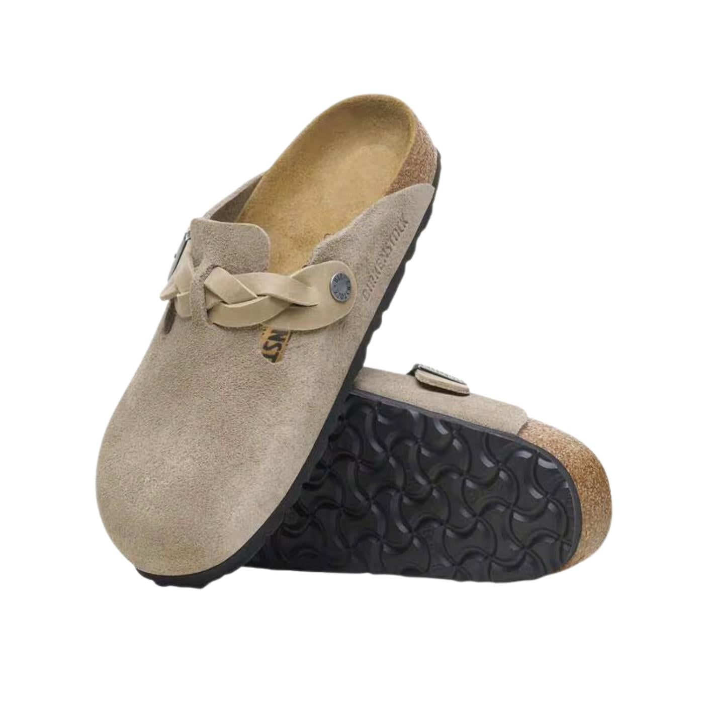 Birkenstock Boston Braided pelle scamosciata Taupe sabot co treccia narrow fit 