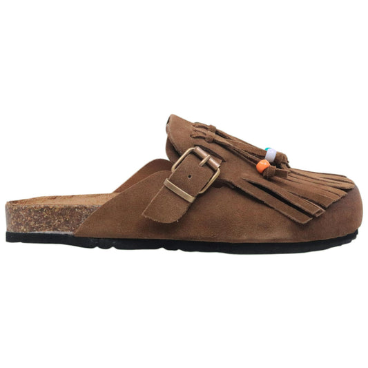 Sabot Ranye Noemi pelle scamosciata marrone con frange e perline 