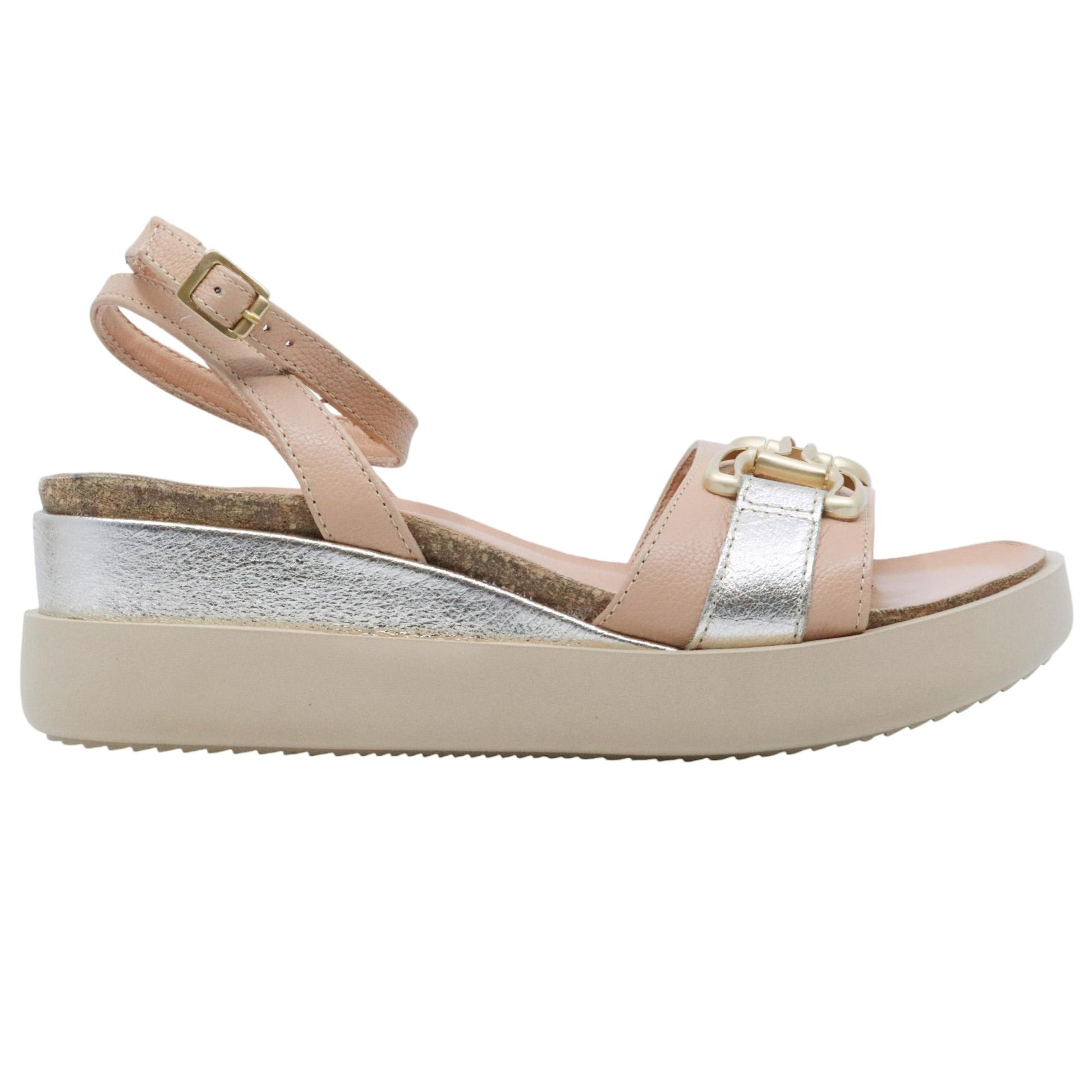 Sandalo zeppa Mjus T18029 in pelle carne e platino 