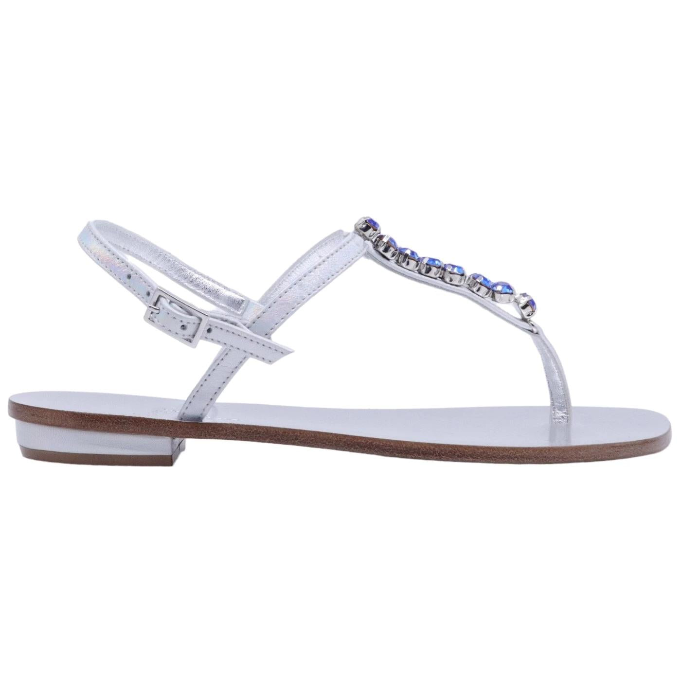 Sandalo infradito 3131C  Paolo Ferrara in pelle argento e pietre color blu zaffiro 