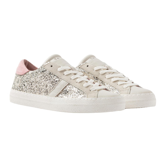D.A.T.E. Hill Low Glitter HL-GL-PL sneaker donna in pelle e glitter platino 